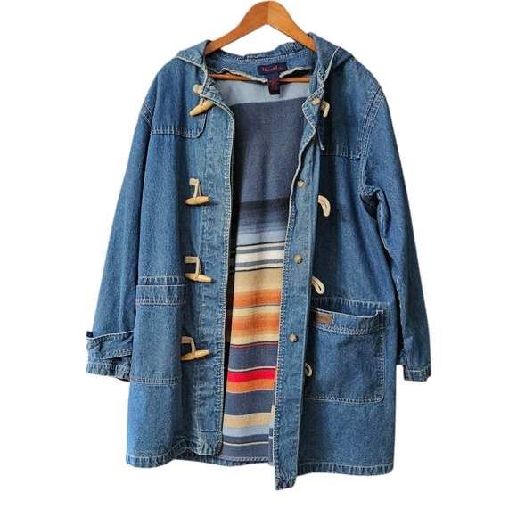 Vintage Denim & Co Denim Jacket Coat Size 2X Toggles Stripes Fleece Lining Hood - Picture 1 of 15